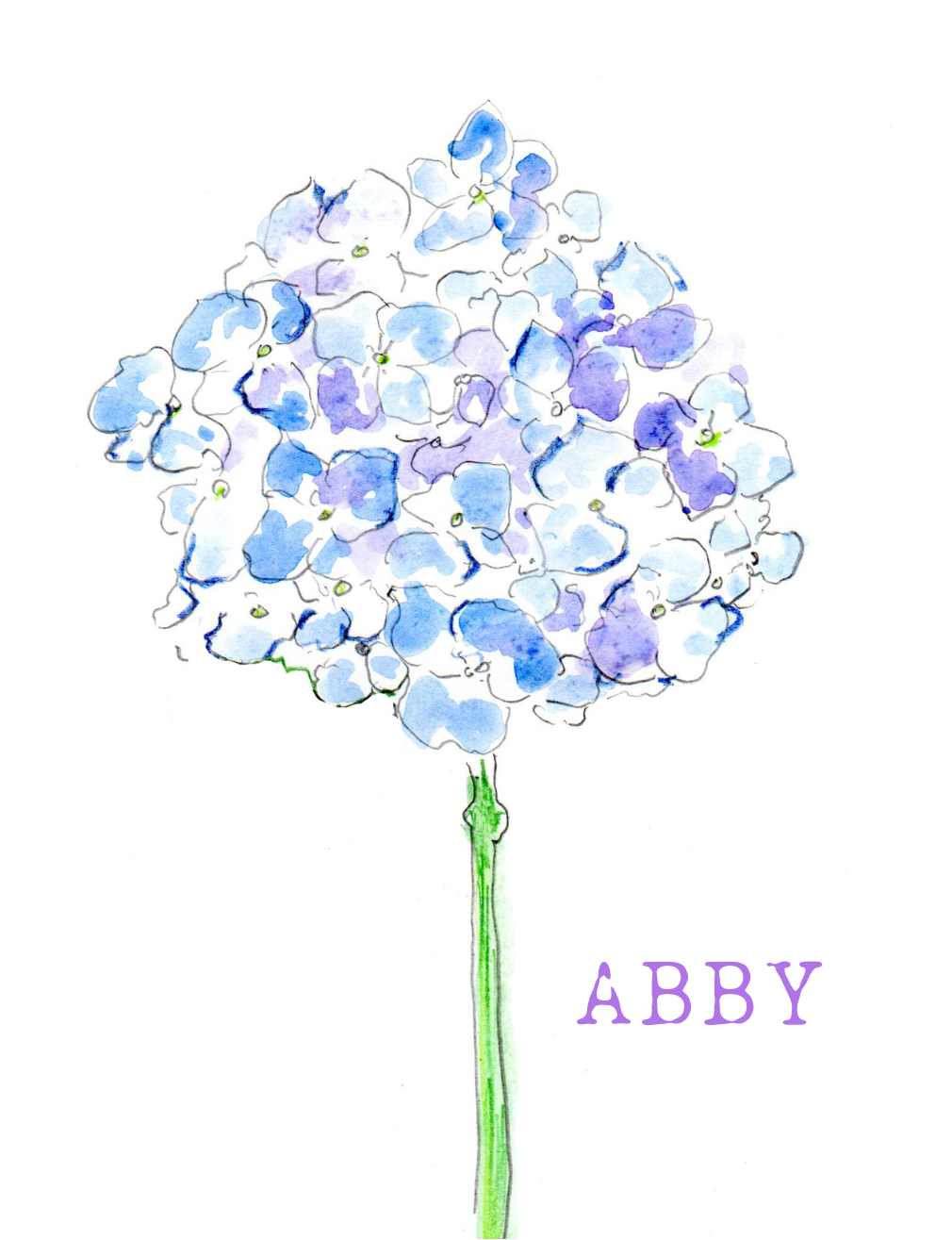 Illustration of a blue flower with the name 'ABBY' on a white background