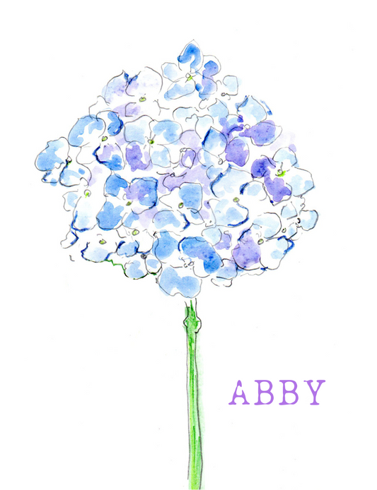 Illustration of a blue flower with the name 'ABBY' on a white background